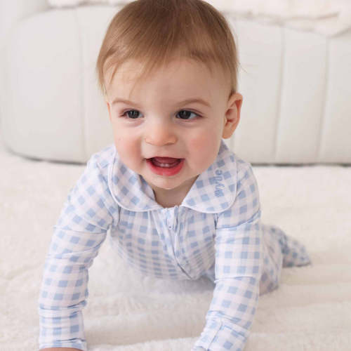 Peter Pan Collar Zipper Footie | Dusty Blue Gingham