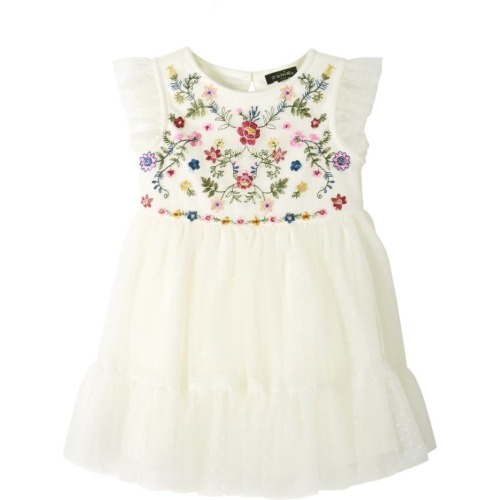 Baby Embroidered Ruffle Dress, 18M, Ivory/ Multi