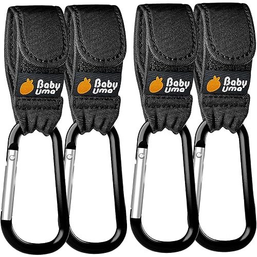 Baby Uma 4-Pack Stroller Hooks - Universal Bag Clips for Diaper Bags, Carry 11 lbs Each, Adjustable Straps