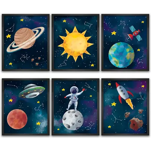 Outer Space Posters for Boys Room Decor - 8x10 Inches Unframed Set of 6 Wall Art - Watercolor Prints for Nursery Kids Toddlers Teens Girls Bedrooms