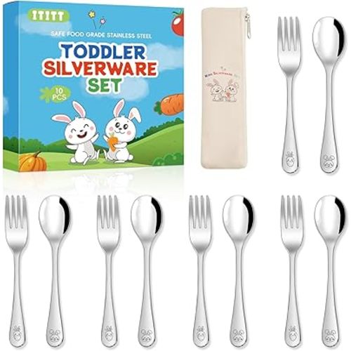 10 Pieces Stainless Steel Toddler Utensils Set - Food Grade Kids Silverware Set Children Safe Small Forks and Spoons Mirror Polished Sturdy and Durable Dishwasher Safe