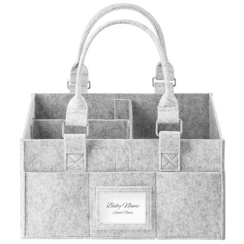 PaoveFor Diaper Caddy Organizer, Newborn Essetials Must Haves, Baby Registry Search and Other Baby Stuff, Collapsible Baby Basket with Handle and a Photo Frame, Grey, 11.8 x 6.3 x 9.0 inch
