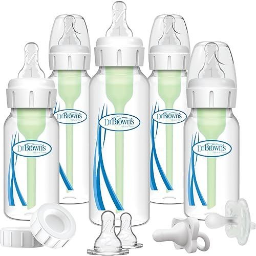 Dr. Brown's Natural Flow Anti-Colic Options+ Narrow Baby Bottle Gift Set with Advantage Pacifier & Bottle Travel Caps, 0m+ (Packaging/Pacifier May Vary)