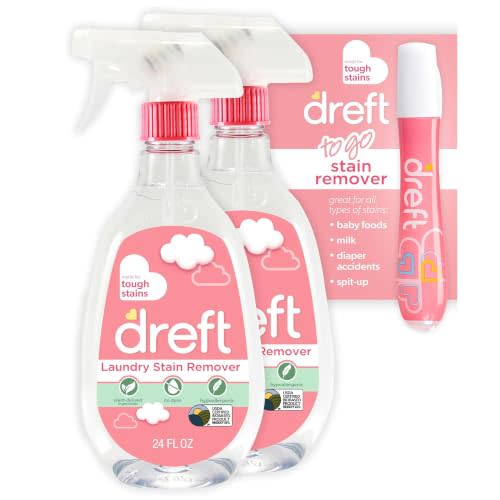 Dreft Stain Remover for Baby Clothes and Hypoallergenic Baby Stain Remover Spray Plus Travel Size Stain Treater Pen, 24 Fl Oz ( Pack of 2 + Stain Pen)