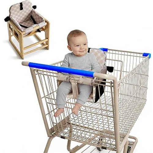 Shopping Cart Seat Cover for Baby, High Chair & Grocery Seat Protector, Padded Chair Covers for Restaurant Seats, Unisex Machine Washable Grocery Cart Liner & Swing Insert – Beige Checkered