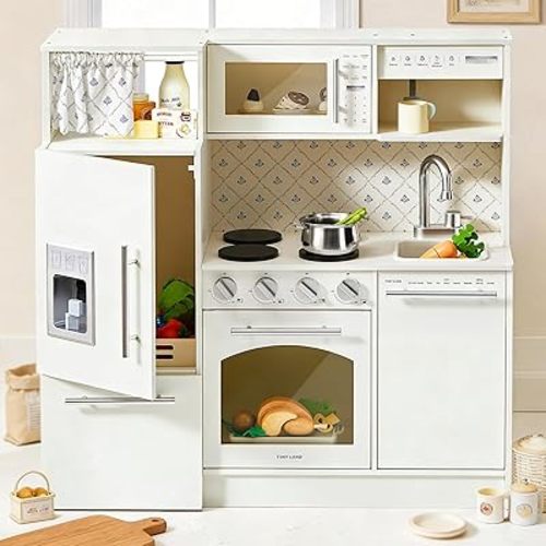Tiny Land Play Kitchen for Kids, Upgraded Wooden Kitchen Toy with Complete Play Areas, Pretend Cooking Set with Sink, Stove, Microwave, Toy Coffee Station & Storage for Kids Ages 3+