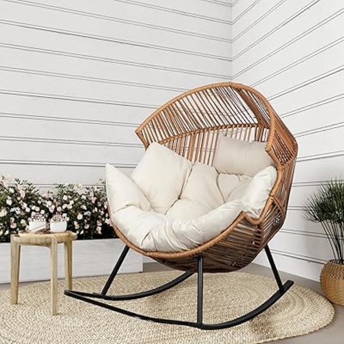 Shintenchi Wicker Egg Chair,Oversized Outdoor Indoor Rocking Chair,Large PE Rattan Rocking Chair with Cushion for Patio, Balcony, Backyard, Garden, Beige