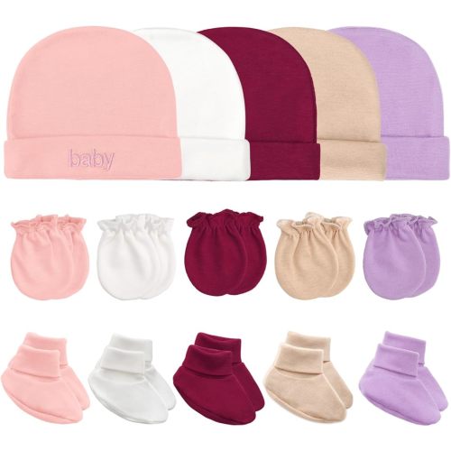 Newborn Baby Hats Mittens and Socks Set Cotton Infant Beanie Cap Socks Mittens for Newborn Baby Boy Girl 0-6 Month