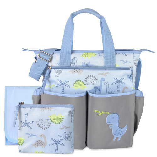 Baby Essentials 3 Piece Crossbody Diaper Bag with Changing Pad & Pacifier Pouch, Blue & Gray Dinosaurs