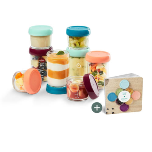 Babymoov Baby Glass Food Jars, Set of 8 (4 x 4oz + 4 x 8oz), BPA-Free Borosilicate Glass Storage Containers, Leakproof Lids, Microwave, Freezer & Dishwasher Safe, Baby Registry Essential