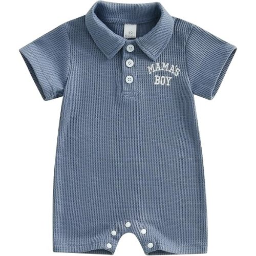 Newborn Baby Boy Clothes ''Mamas Boy'' Letter Embroidery Romper Lapel Down Bodysuit Waffle Jumpsuit Summer Clothes