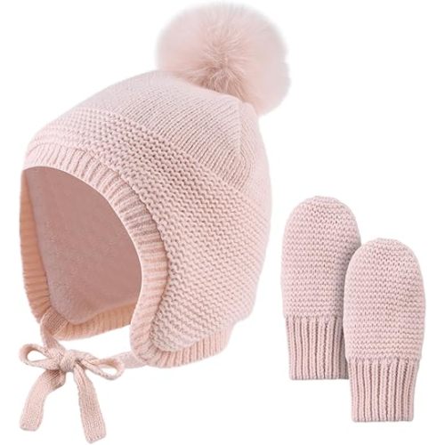 Basic Winter Baby Beanie Gloves Boys Girls Knitted Hat Pompom Kids Earflap Hats Warm Infant Toddler Beanie Mittens Set