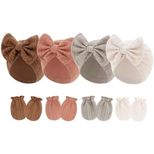 4 Pcs Newborn Hats Mittens Set Infant Cap Bow Hospital Beanie Preemie Hat for Baby Boy Girl 0-6