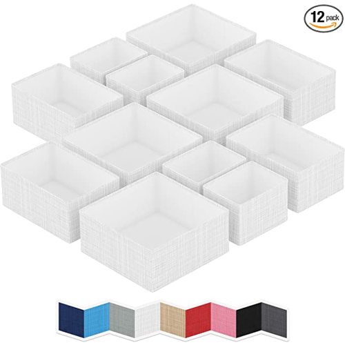 NEATERIZE Drawer Organizer For Clothing (Set Of 12) - Closet Organizer and Storage Divider Baskets For Clothes Dresser, Makeup, Bathroom | Organize Underwear, Socks, Bra, & Tie’s (White Grey) - 12 Baskets - White-Grey