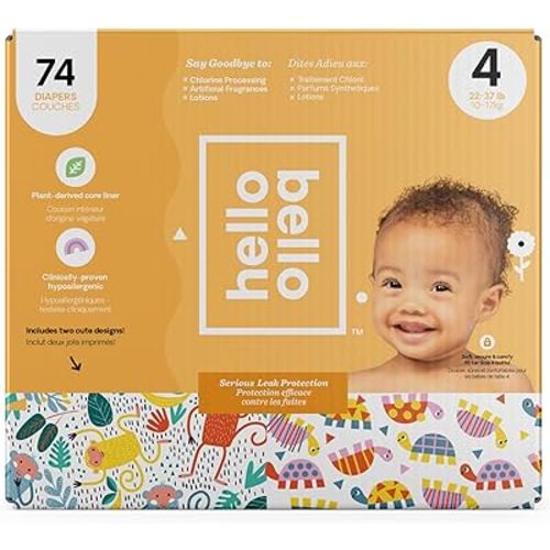 Hello Bello Diapers, Size 4 (22-37 lbs) - 74 Count of Premium Disposable Baby Diapers in Monkeys & Turtles Designs - Hypoallergenic with Soft, Cloth-Like Feel