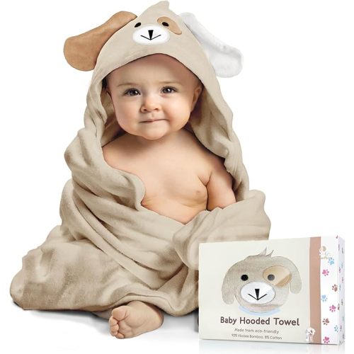 Baby Hooded Towel, Soft & Absorbent Viscose Derived from Bamboo, Extra Large 35 x 35 Inches, Bath Towel for Newborns, Infants & Toddlers, Beige