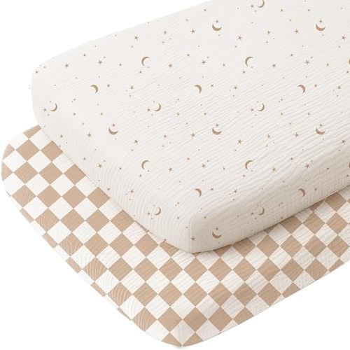 Konssy 2 Pack Muslin Bassinet Sheets, 100% Cotton Soft Breathable Bassinet Mattress Sheets Fit for Hourglass Oval Cradle Rectangle Mattress (Coffee Check,Moon)