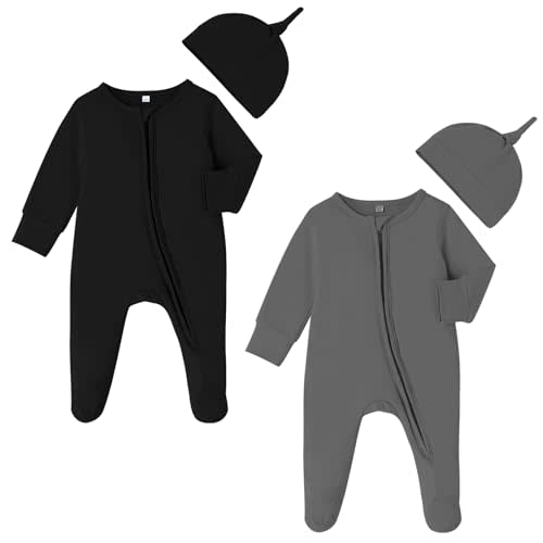 DREAM BUS 2 Pack Newborn One-piece Zipped Romper with Beanie Hats Baby Boy Long Sleeve Footie Infant Cotton Jumpsuit
