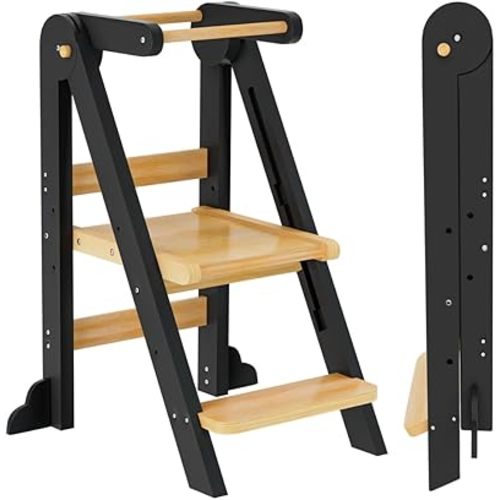 Toddler Tower, Foldable Step Stool for Toddlers, Toddler Kitchen Stool Helper with 3 Adjustable Height Safty Rail and Anti-Tip Structure, Learning Tower for Toddlers Baby Kids