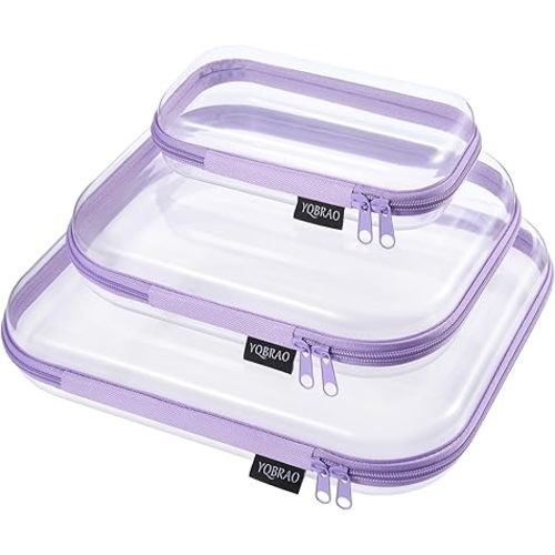 YQBRAO 3-Pack Clear Hard Shell Zipper Case Purple, 1.2mm Heavy-Duty Crush-Proof Travel Makeup Bag, Multi-Size (L+M+S) Diaper Bag Organizer Pouches, Rigid Clear Zipper Pouches for Tech, Toys & Home