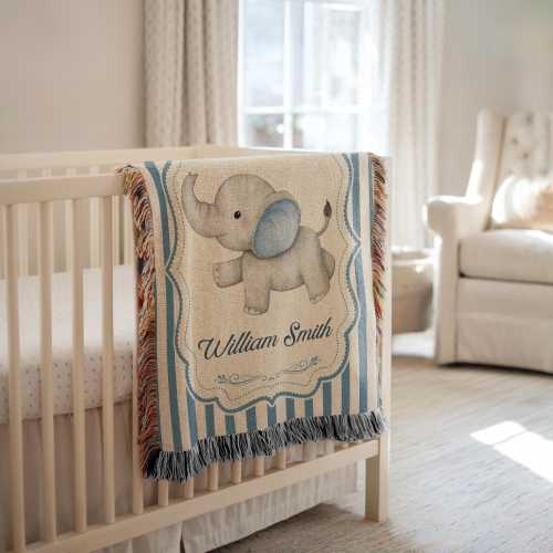 Personalized Woven Elephant Baby Blanket, Custom Baby Blanket, Nursery Blanket, Newborn Custom Name Blanket, Gender Neutral Baby Gifts