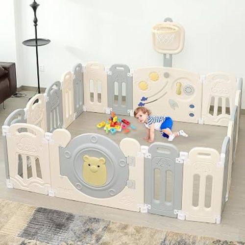 Baby Playpen with Adjustable Basketball Hoop,Game Panel,Lock,Foldable Toddlers Play Yard, 18-Panel Safety Kids Fence for Indoor & Outdoor,Baby Gate Activity Centre, Gray White