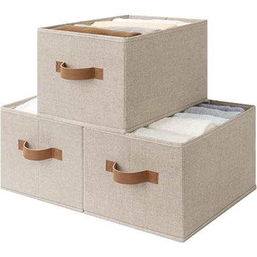 SroageWorks Storage Baskets for Shelves, Foldable Fabric Closet Storage Bins with Handles, Clothes Organizer Laundry Baskets, Brown & Beige, 3-Pack, Large