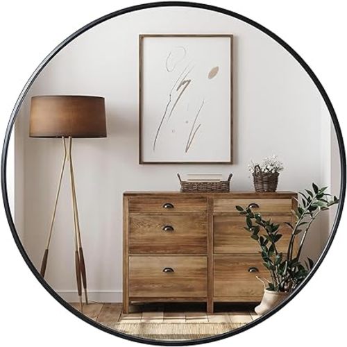 Growsun Black Round Mirror 24 inch, Wall Mounted Circle Mirror, Metal Framed Mirror for Bathroom Vanity, Bedroom Home Decor Mirros