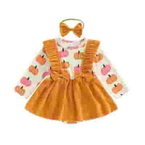 Musuos Baby Girls Halloween Romper Dress 0-18Months Flying Sleeve Crew Neck Pumpkin Print Jumpsuit with Headband Fall Cute Bodysuit