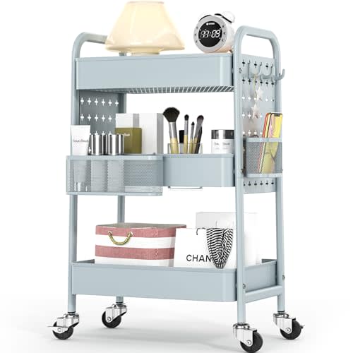 TOOLF Metal Rolling Storage Cart, 3-Tier Utility Mobile Cart with DIY Pegboards, Serving Trolley Cart with Baskets Hooks, for Kitchen, Bathroom, Office, Home, Classroom (Mint Green)