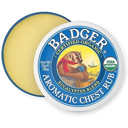 Badger Aromatic Chest Rub, 100% Organic Vaporub w/Eucalyptus & Lavender Essential Oils to Clear & Soothe, All-Natural Chest Congestion Relief for Adults & Kids, .75 oz Tin