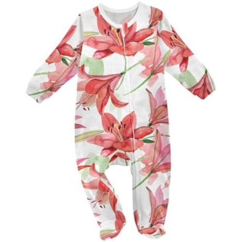 Dussdil Red Lily Flowers Baby One-Piece Footies Boys Girls Newborn Rompers Pajamas Cotton Footed Pjs Sleep Play