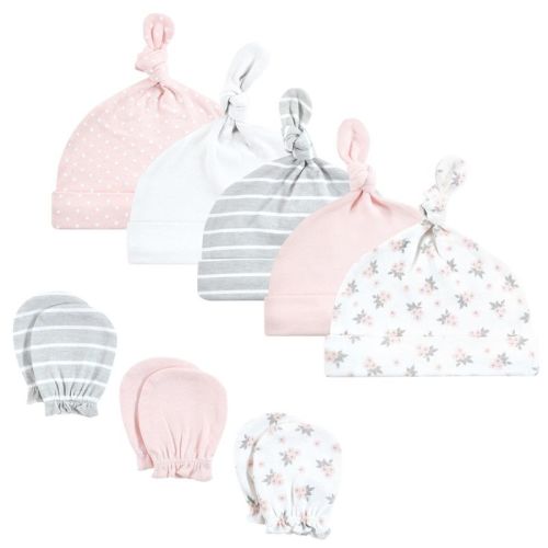 Hudson Baby Infant Girls Cotton Cap and Scratch Mitten Set, Pink Gray Floral, 0-6 Months