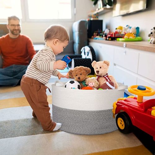 Proate XXXL Large Gray Woven Cotton Rope Basket in Living Room Blanket Storage Basket 22" x 14" Laundry Basket Hamper Towels Toy Bins Baskets Storage Kids Comforter Cushions Pillow Blanket Organizer - Grey