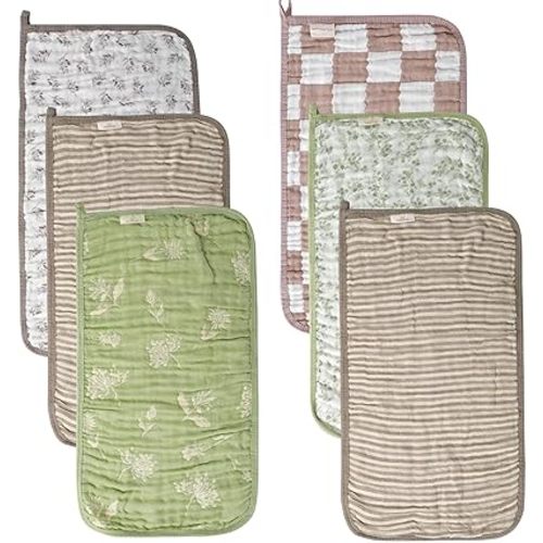 6-Pack Muslin Baby Burp Cloths Made with Organic Cotton – 6-Layer Absorbent & Gentle for Newborn Feeding, Burping – Ultra-Soft, 20x10 Inch Set in Natural Sage