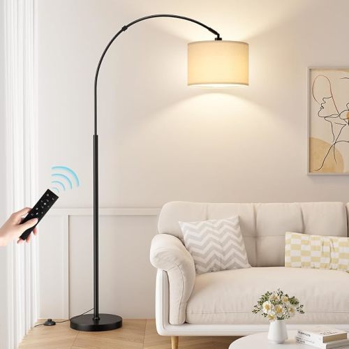 70" Dimmable Arc Floor Lamp with Remote, Color Temp Adjustable | Rotating Head, Foot Switch & Remote, Arched Floor Lamp for Living Room Bedroom Office, Over Couch Arched Light, Beige & Black