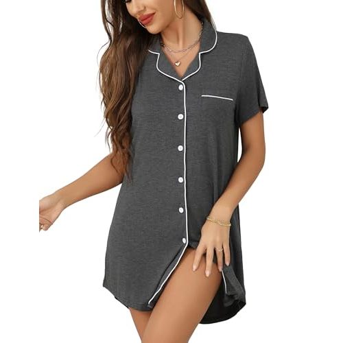 Anjue Pajama Nightgowns for Women Button Down Pajamas Tops Short/Long Sleeve Sleepwear Sleep Shirts Nightdress S-XXL