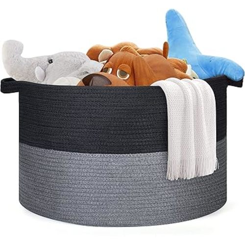 Ravinte Blanket Basket - 20"x 20"x 13" Cotton Rope Basket for Living Room, Baby Toy Storage Basket, Large Woven Laundry Basket (Black-Gray)