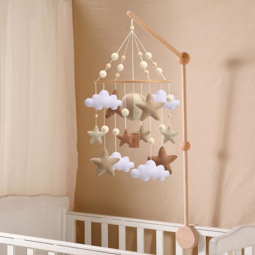 Beautiful neutral felt cloud hot air balloon crib mobile with stars and moon for a gender neutral nursery