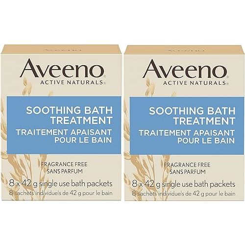 Aveeno Fragrance Free Soothing Bath Treatment, 100% Natural Colloidal Oatmeal, Sensitive Skin Bath Soak for Relief of Dry, Itchy, Irritated Skin Due to Eczema & Hives, Bath Packets, 8 ct. (Pack of 2)