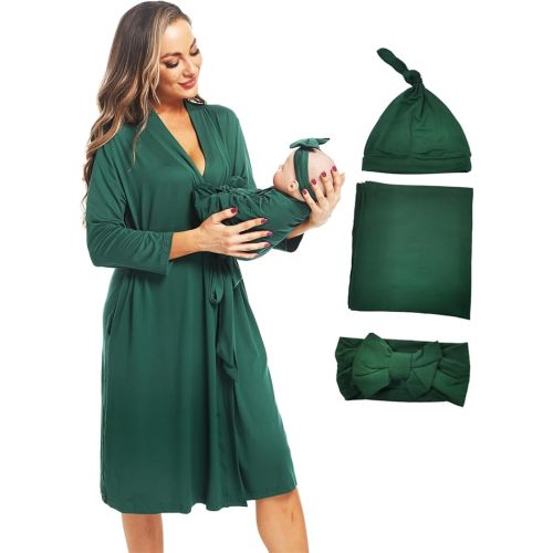 QTECLOR Maternity Robe with Matching Swaddle Blanket Set,Maternity Barhrobe Delivery Labor Robe for Hospital Women Dress