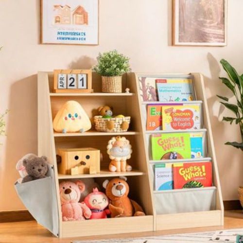 Fontoi Kids Bookshelf, Book Shelf With Side Pocket, 4 Tier Sling Bookcase Toy Organizer Toddler Nursery Book Shelves, Brown, 35.4"x 15.7" X 31.5"