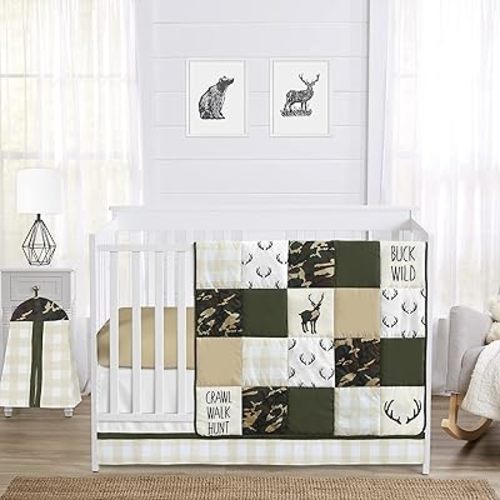 Sweet Jojo Designs Green and Beige Deer Checkered Woodland Camo Baby Boy Crib Bedding Set - 4 Pieces - Rustic Camouflage
