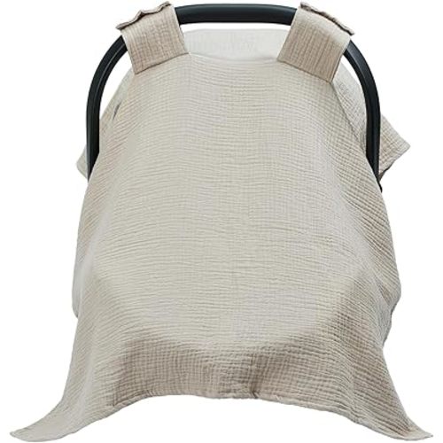 Meracorallo Muslin Baby Car Seat Cover, 100% Organic Cotton Infant Carrier Cover, Lightweight Breathable Soft Carseat Canopy for Baby Boys and Girls (Beige)