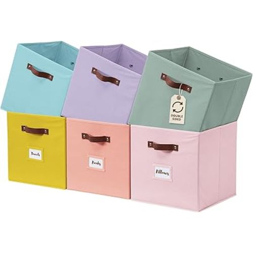 DECOMOMO Storage Bins, Cube Storage Bin with Labels, Fabric Storage Cubes for Shelves (10.5" x 11" / 6pcs, Rainbow)