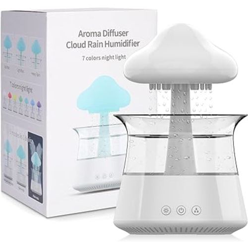Cloud Rain Humidifier for Bedroom & Large Room Water Drip Humidifier with Remote Waterfall Lamp Mushroom Humidifier Rain Sounds White Noise Humidifier Air Humidifiers for Bedroom Desk (White)