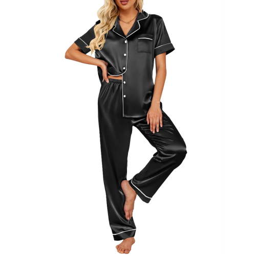 DAKIMOE Silk Satin Pajamas Set for Women Two-Piece Short Sleeve Shirt with Long Pajama Pant Set Soft Button Down Loungewear Nightwear Pjs Sleepwear for Women