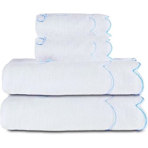 4 Set Cute Blue Coquette Bow Bath Towels Set 2 Bath Towels 2 Hand Towels Soft Embroidered Preppy Decorative Scalloped Towels for Bathroom (Blue)