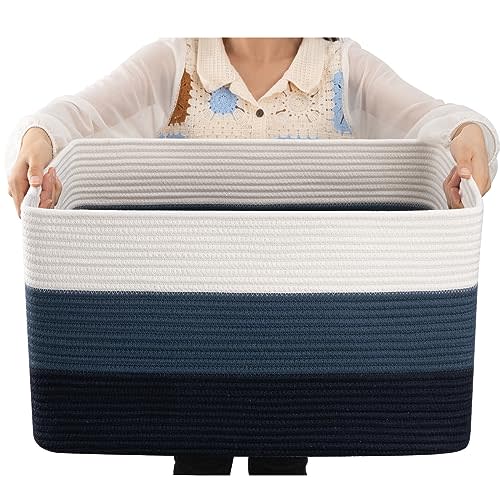 OIAHOMY Large Blanket Basket, 22”x17”x12” Rectangle Woven Baskets, Nursery Blanket Storage Living Room, Toy Storage With Handle, Large Baskets for Organizing-Gradient Blue