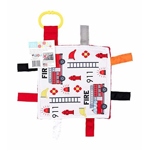 Baby Sensory Crinkle & Teething Square Lovey Toy with Closed Ribbon Tags for Increased Stimulation: 8"X8" (Firefighter)
